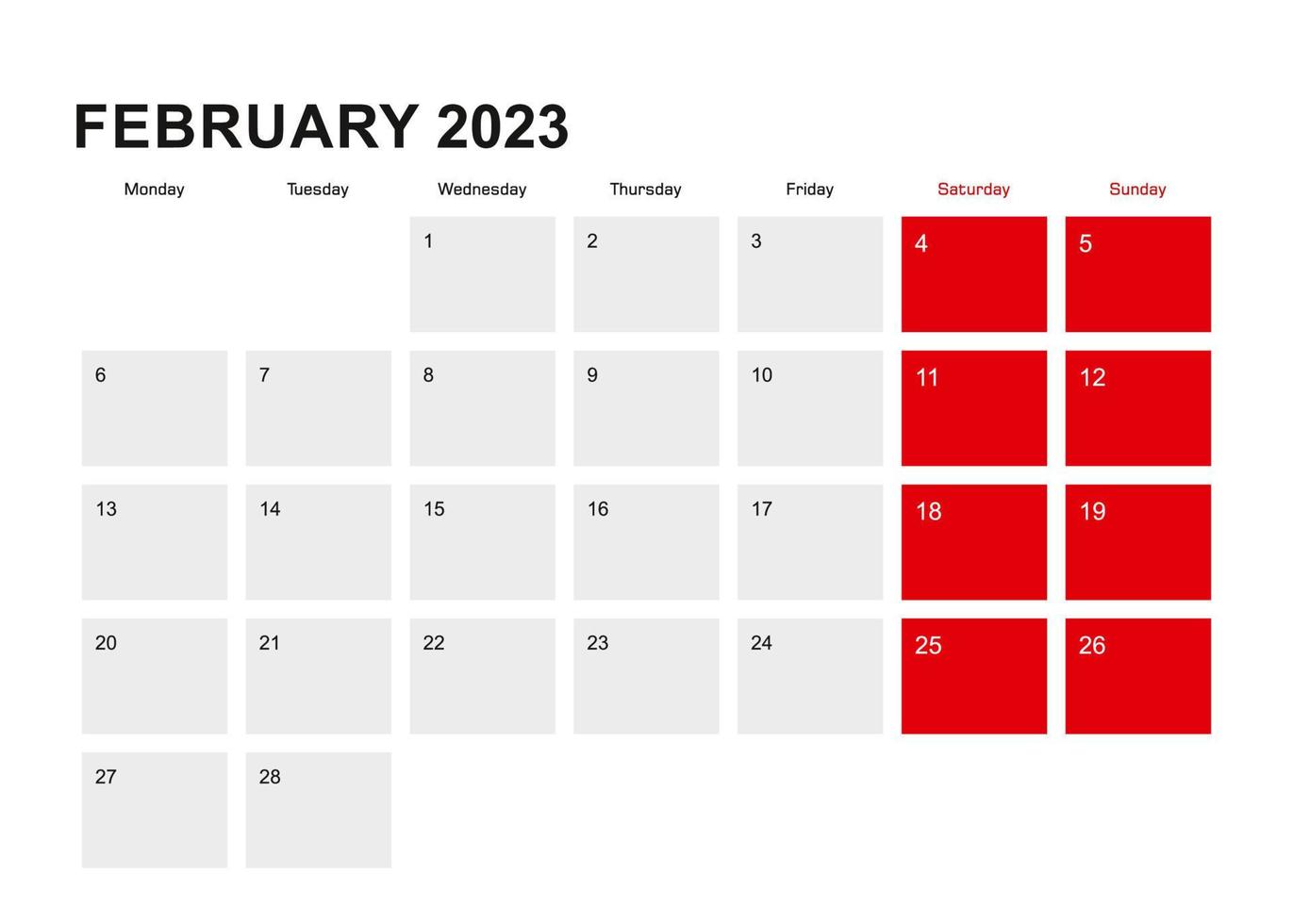 Diseño de calendario planificador de febrero de 2023. la semana comienza a partir del lunes. vector