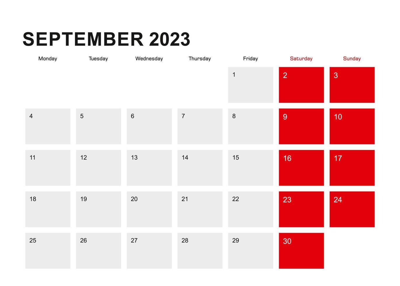 2023 September planner calendar design. Week starts from Monday. vector