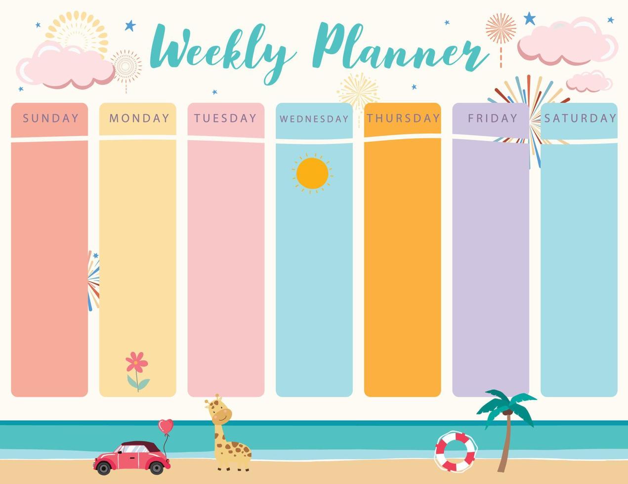 pastel cute planner with firework,beach.Can use for printable,scrapbook,diary vector