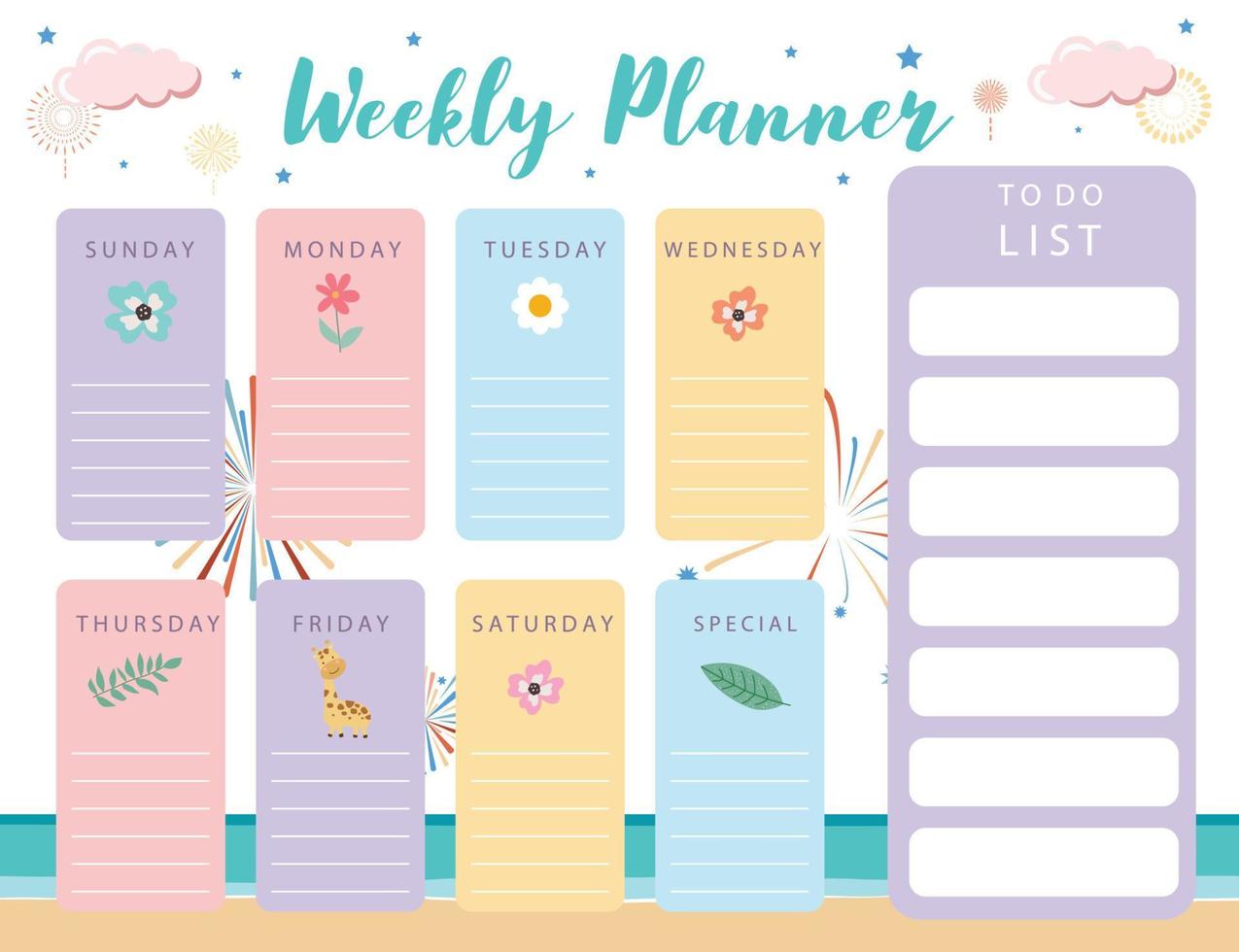 pastel cute planner with firework,beach.Can use for printable,scrapbook,diary vector