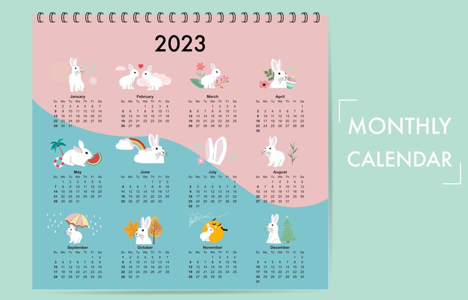 Cute seasonal holiday calendar 2023 with rabbit special festival vector