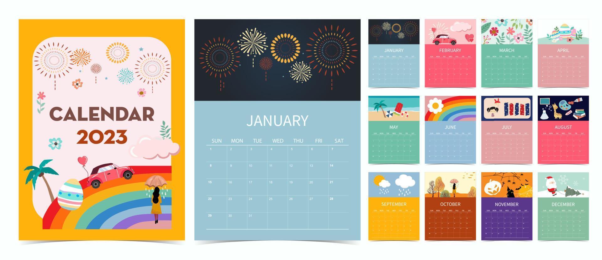 Cute seasonal holiday calendar 2023 with special festival vector