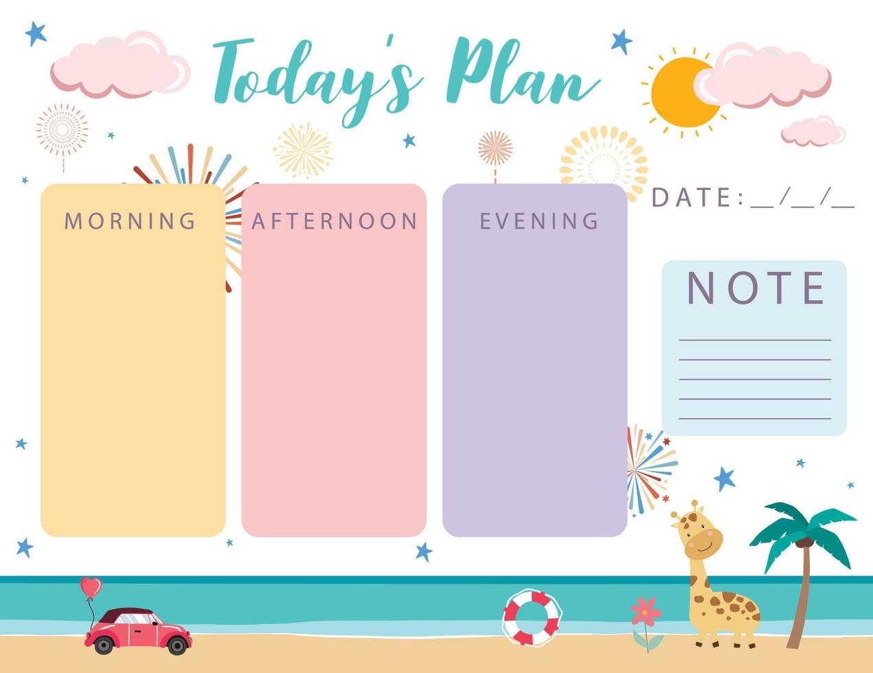pastel cute planner with firework,beach.Can use for printable,scrapbook,diary vector