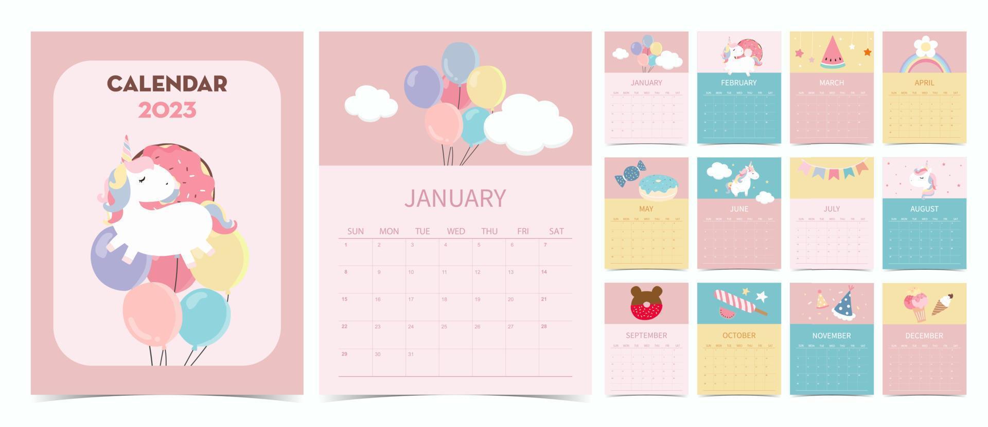 Cute calendar 2023 with unicorn,balloon and rainbow vector