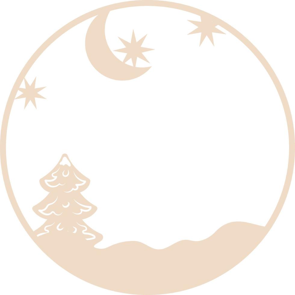 Round frame with Christmas tree, moon and stars. vector