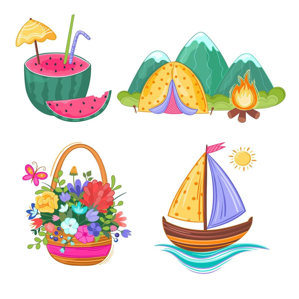 verano de ilustración vectorial ambientado con cesta con flores, sandía, montañas, tienda, fogata, barco, vela vector