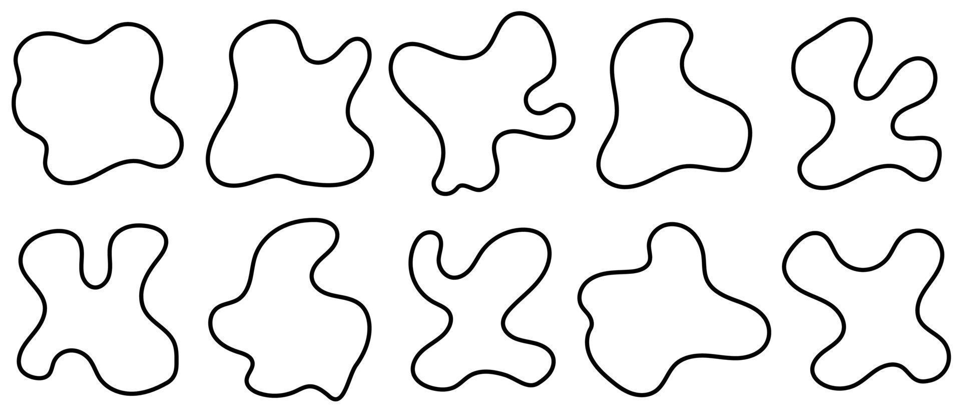 Abstract linear liquid shape set. Abstract black shapes. Liquid shape elements. Random outline fluid shapes. Liquid elements. Random blotches. Abstract blotch shape. Vector illustration
