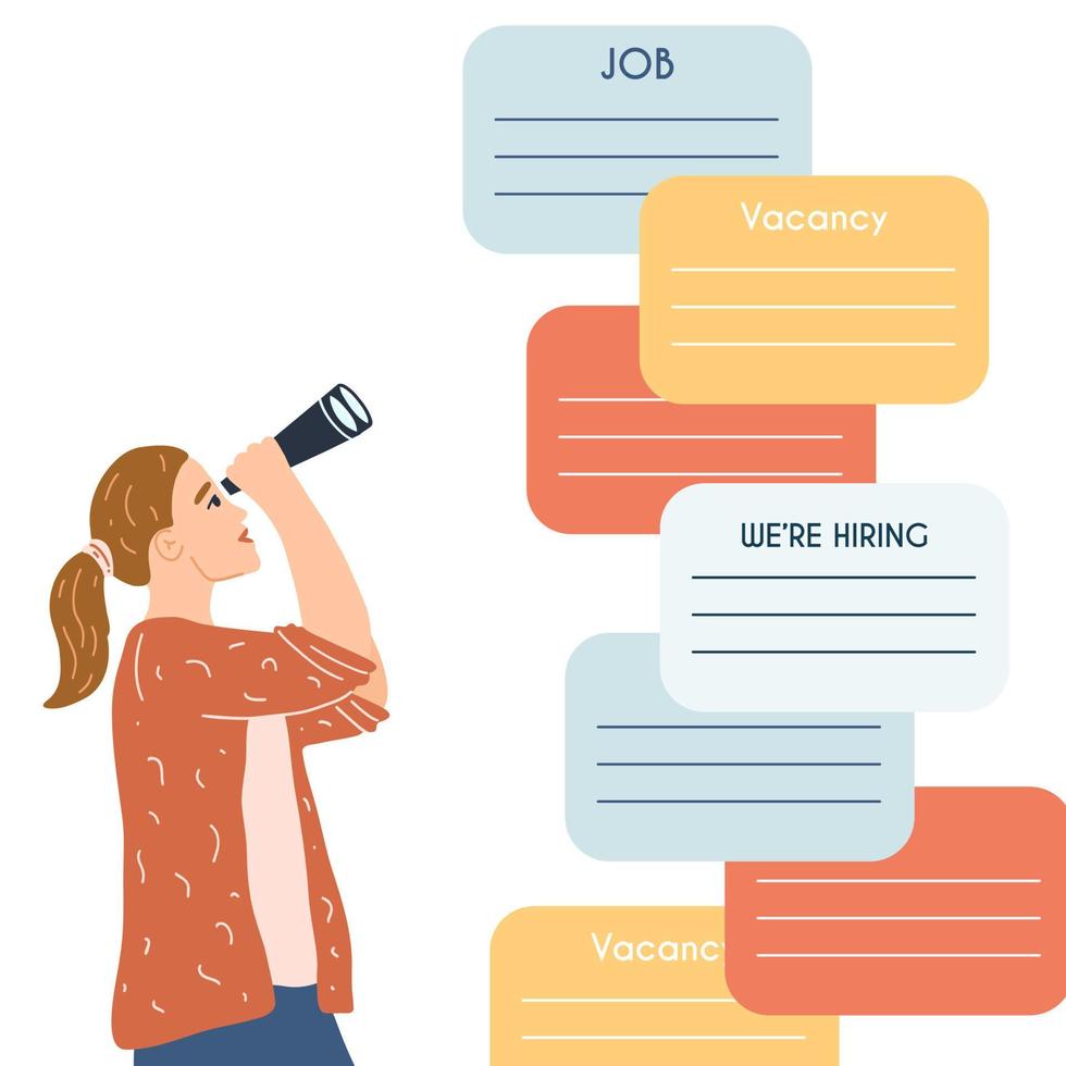 Woman search vacancy with binoculars. Female character looking, finding new work opportunities, vacancies, employment, career. Strategy concept, job search concept vector