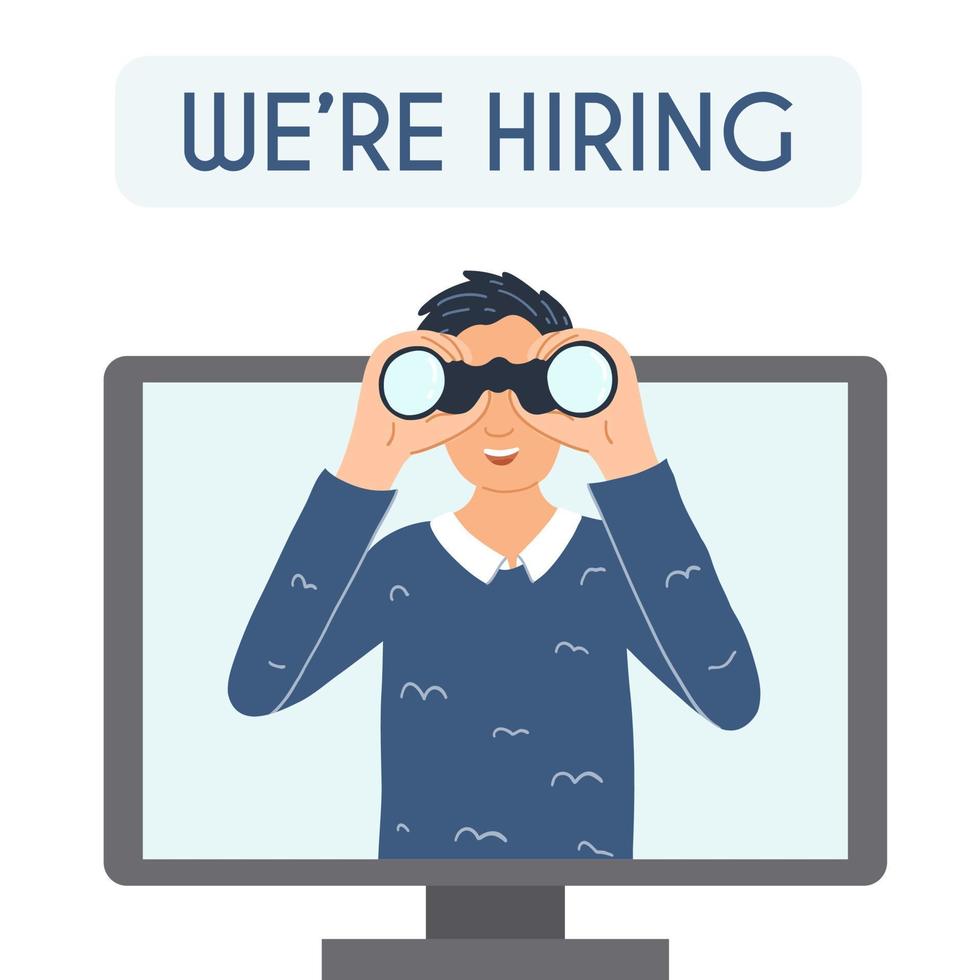 Man with binoculars on the monitor screen searching for new employee, work candidates, hired workers. We re hiring concept, online job offer, recruitment process, vacancies on the internet vector