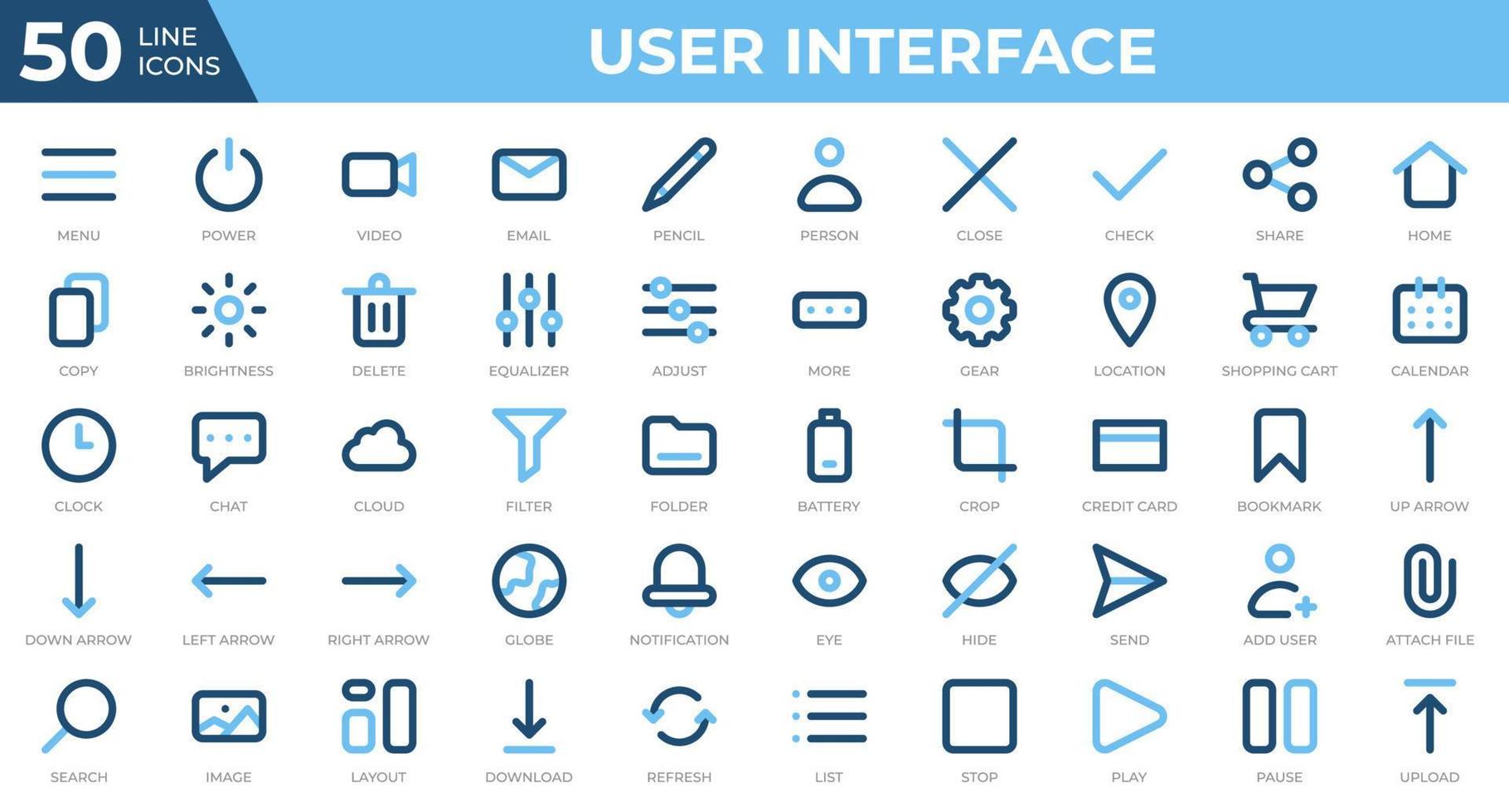 Set of 50 User Interface icons in colored line style. Menu, calendar, clock. Colored outline icons collection. Vector illustration