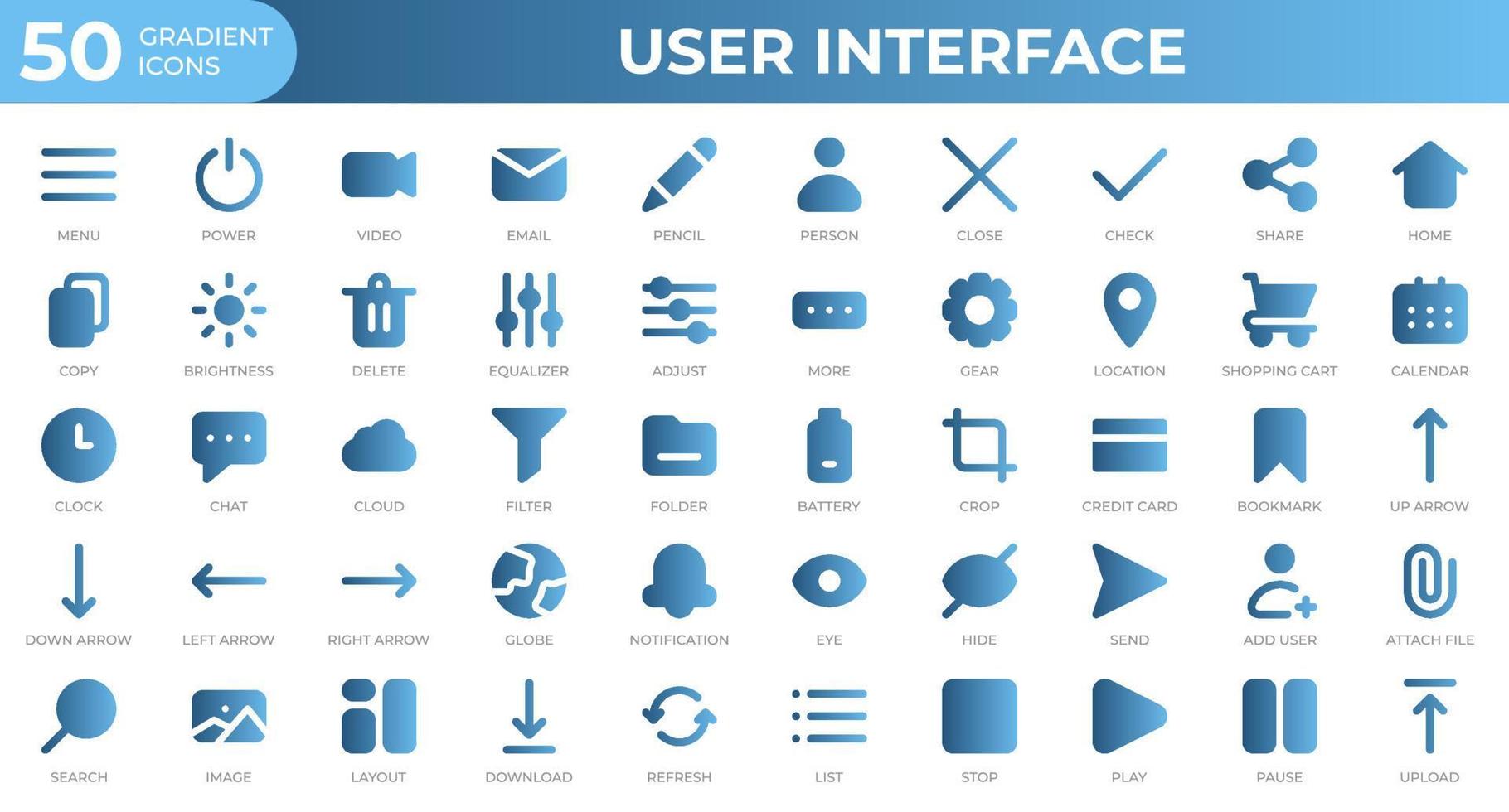 Set of 50 User Interface icons in gradient style. Menu, calendar, clock. Gradient icons collection. Vector illustration