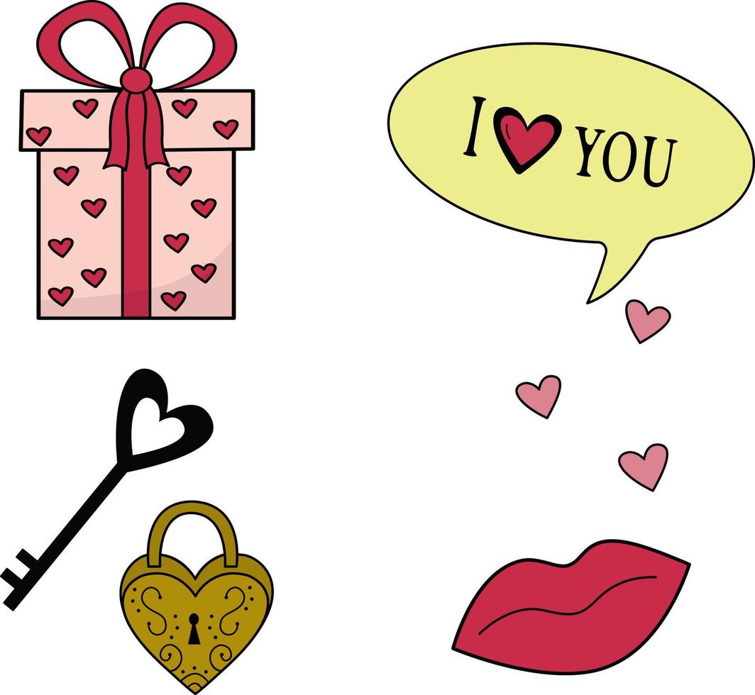 Cute set with gift, key and lock, lips for Valentine's Day, wedding, romantic event. Contour vector icons for websites and interfaces, mobile applications, icons, postcards. A good set.