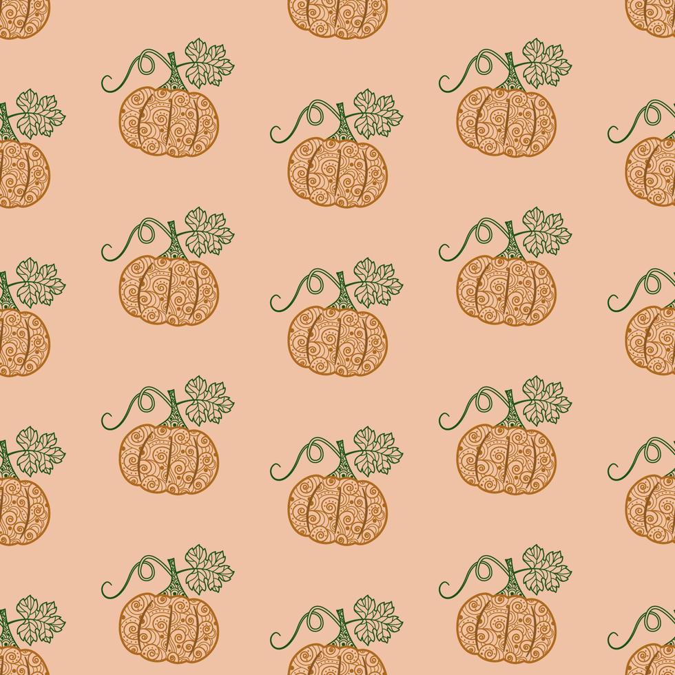 Seamless vector pattern with pumpkins and leaves. It is used for fabric making, wrapping paper, design and wallpaper. Vegetable autumn background of pumpkins and leaves. Beautiful ornament.Flat style.