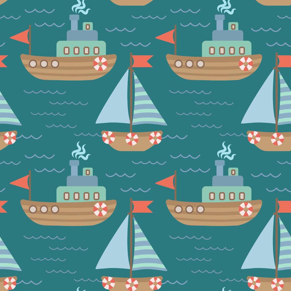 Seamless vector pattern with hand-drawn sailing yachts, ships and the sea wave. Summer bright background for fabric design. Vector illustration.