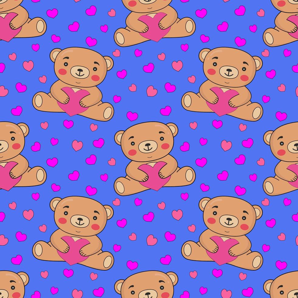 Seamless pattern with teddy bears and hearts on a blue background. Perfect for Valentine's Day, Birthday, wedding cards, wrapping paper, background, wallpaper, textile design. vector