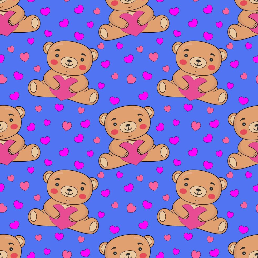 Seamless pattern with teddy bears and hearts on a blue background. Perfect for Valentine's Day, Birthday, wedding cards, wrapping paper, background, wallpaper, textile design. vector