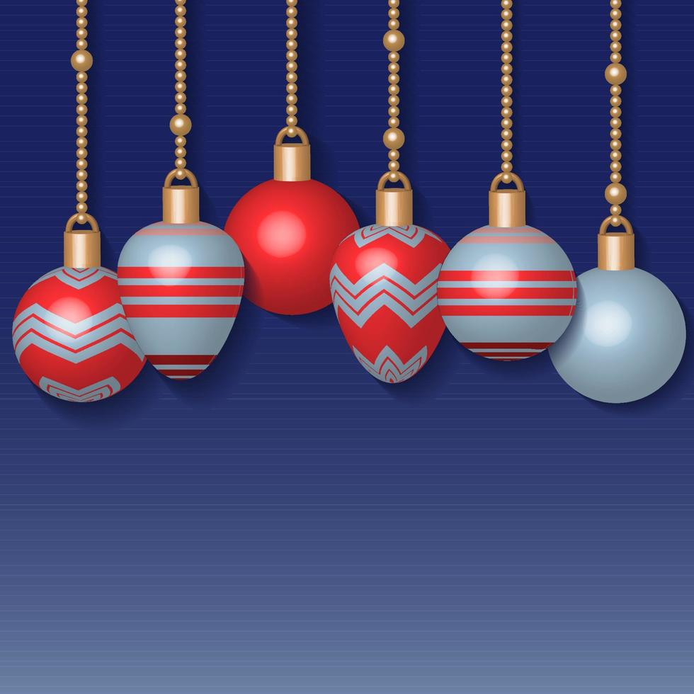 3d hanging baubles with gold chain on blue background. Vector illustration.