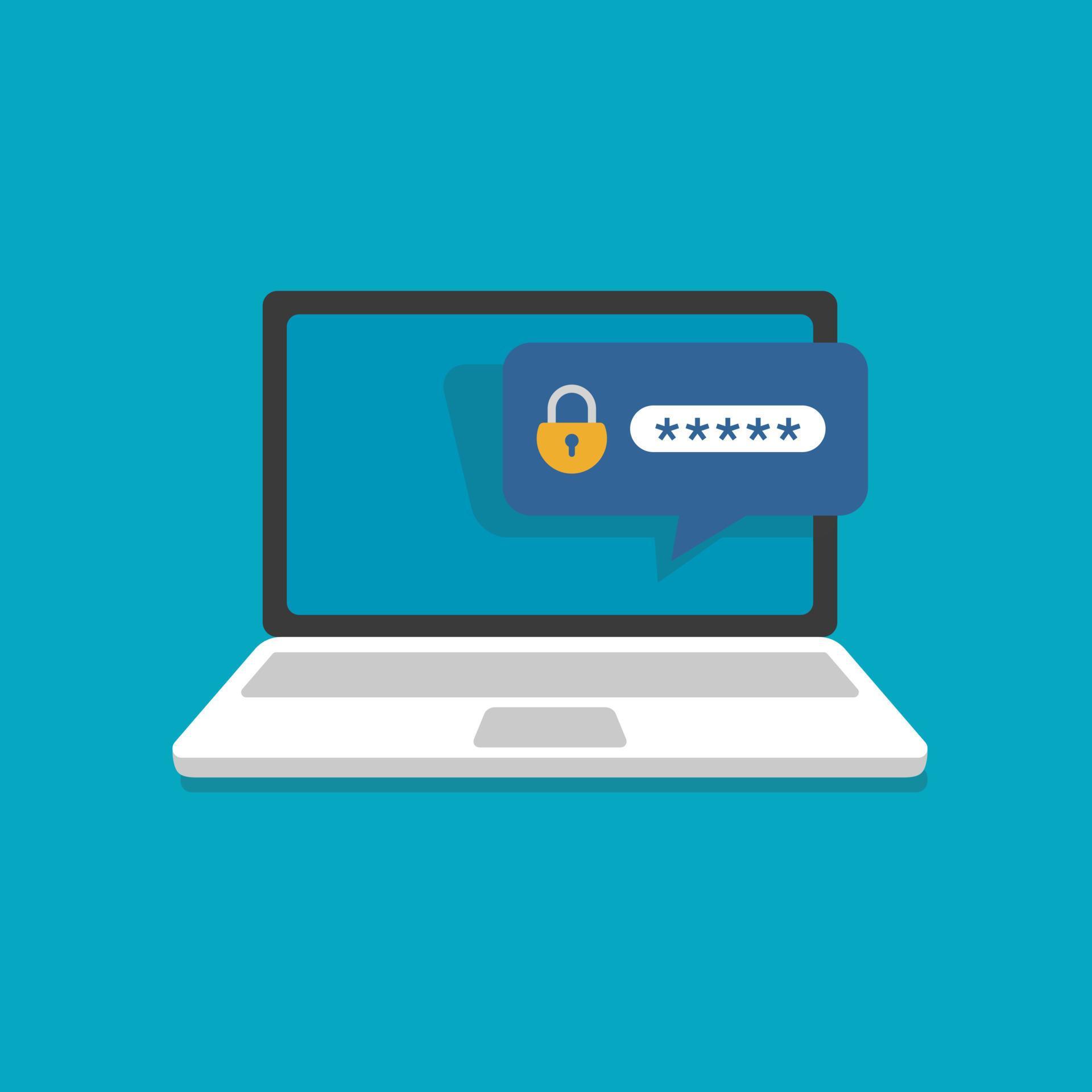laptop computer with unlocked password bubble notification, flat