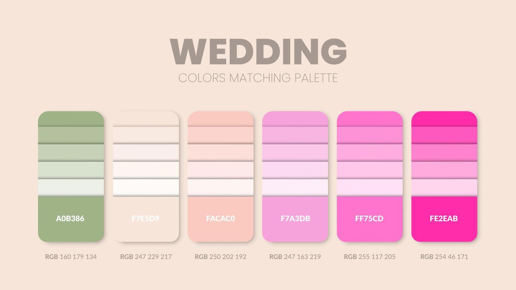 Wedding color scheme. Color Trends combinations and palette guide. Example of table color shades in RGB and HEX. Color swatch for fashion, home, interiors design 2022. Colour chart idea vector. vector