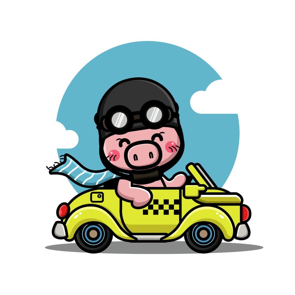 Cute pig driving a yellow car vector