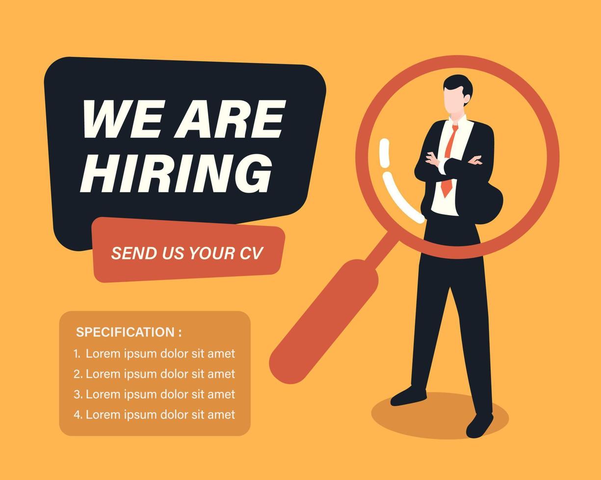 We are hiring concept with businessman and magnifying glass illustration. Staffing and recruiting business concept vector