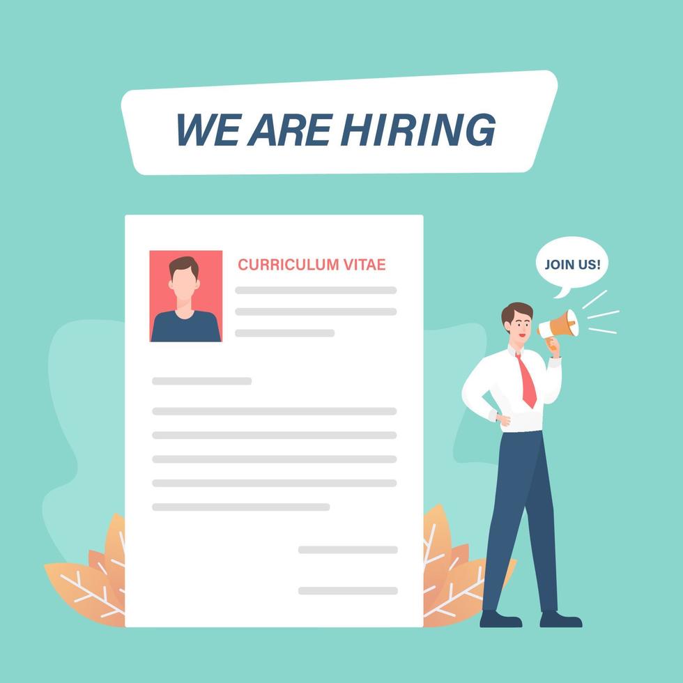 Staffing and recruiting business concept with resume and businessman holding megaphone illustration vector