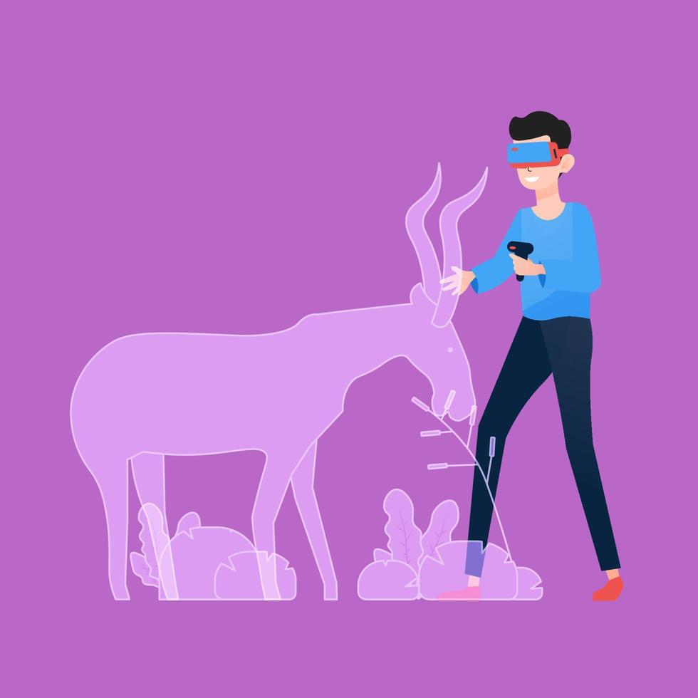 Man touching virtual wild deer using virtual reality headset vector