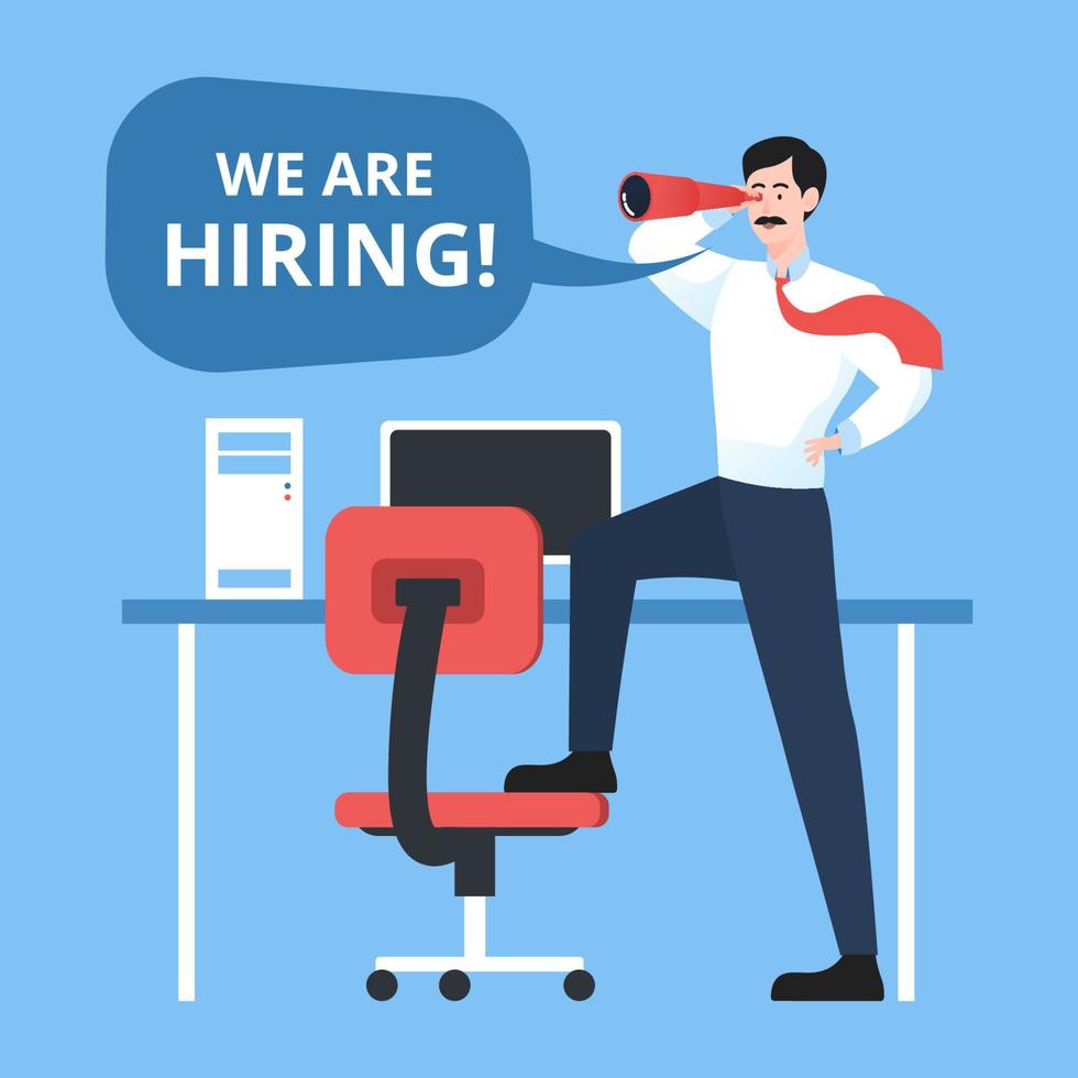 We are hiring with businessman holding brass telescope. Staffing and recruiting business concept vector