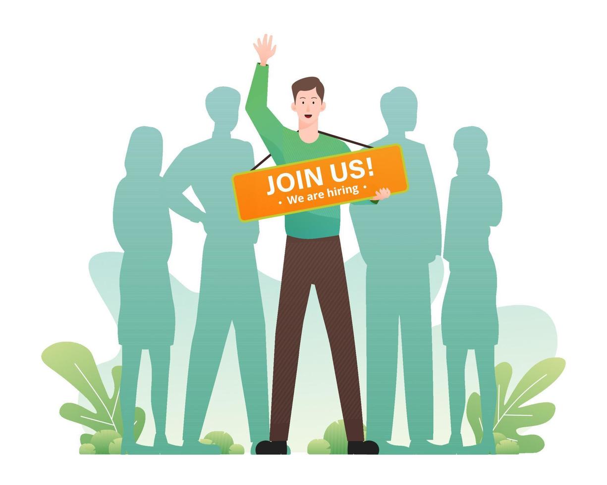 We are hiring concept with man holding join us banner vector