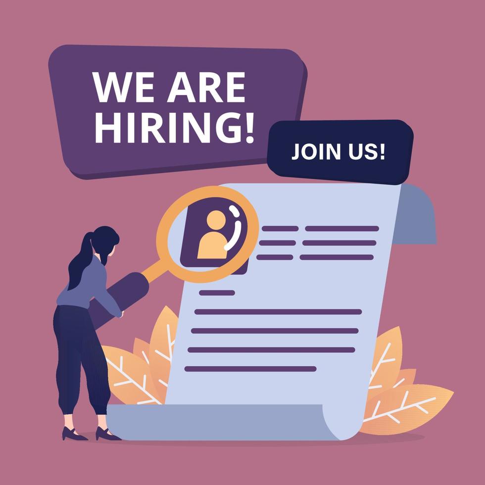 We are hiring with woman holding magnifier. Staffing and recruiting business concept vector