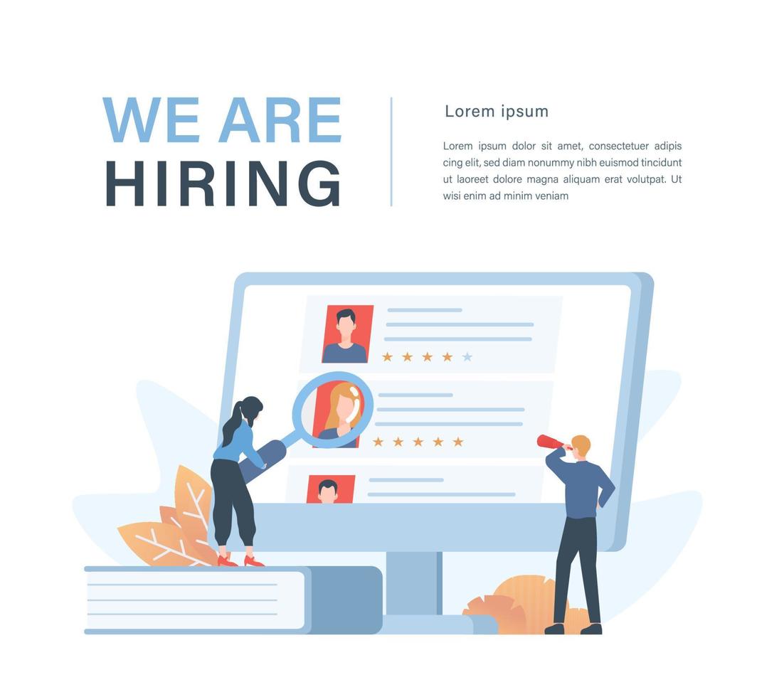 Staffing and recruiting business concept with illustration of corporate recruiters choosing employee candidates vector