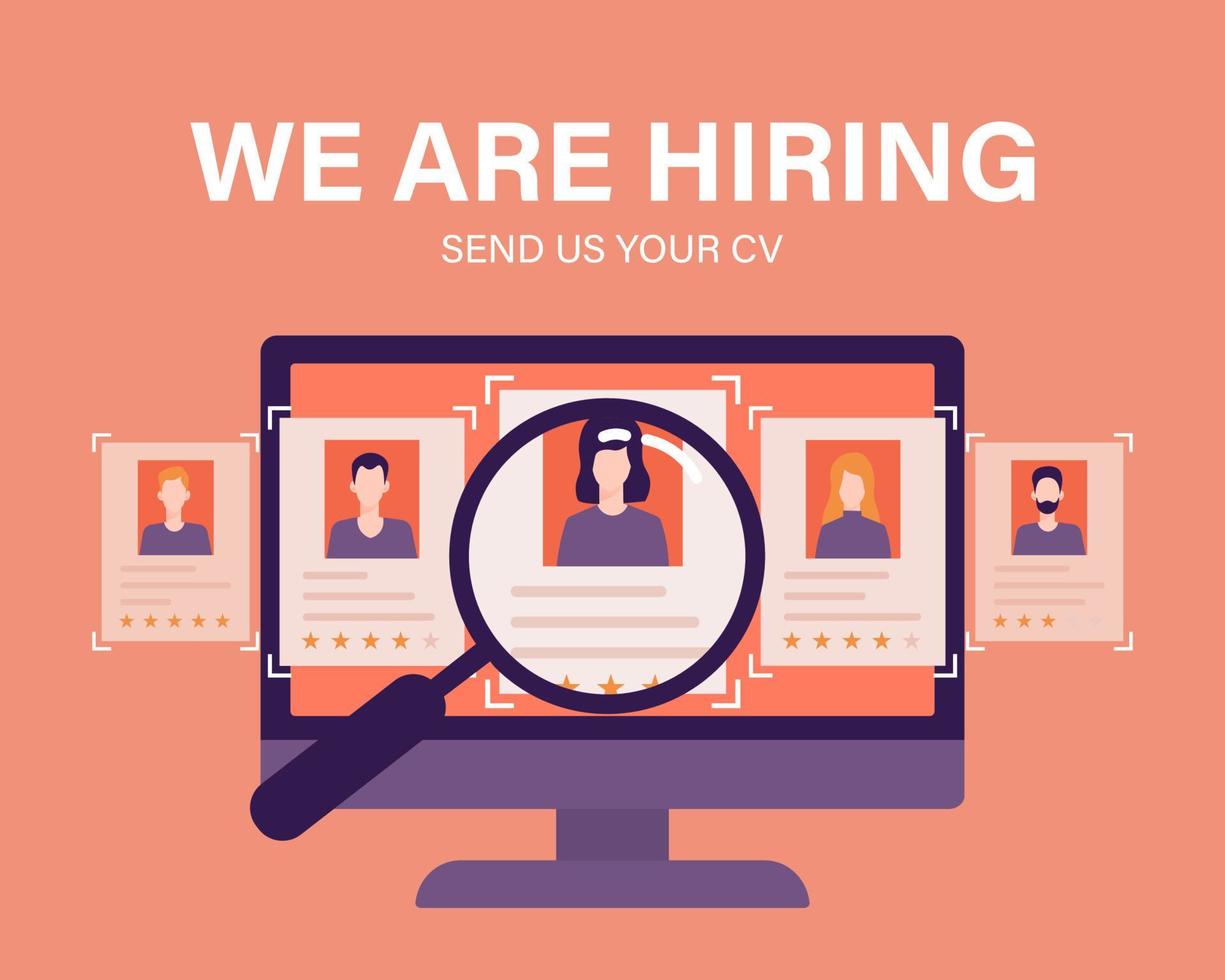 Staffing and recruiting business concept with magnifying glass and employee candidates illustration vector