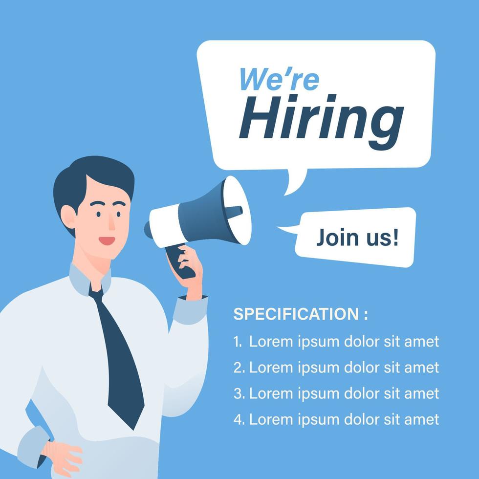 We are hiring concept with businessman holding megaphone illustration. Staffing and recruiting business concept vector