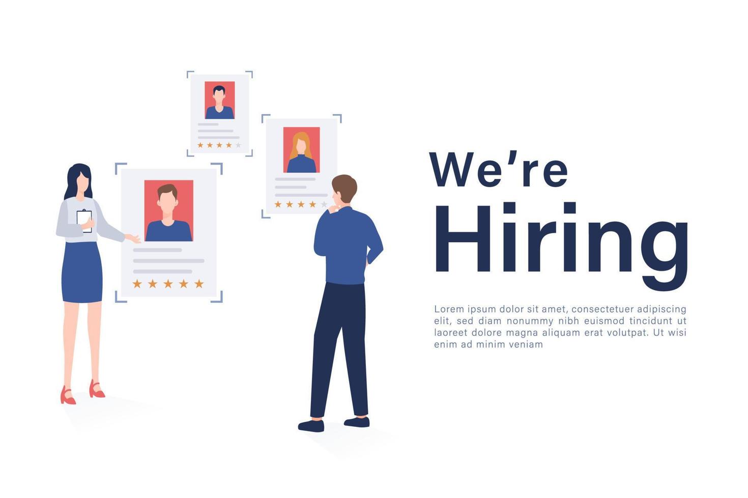 We are hiring concept with corporate recruiters choosing employee candidates illustration vector