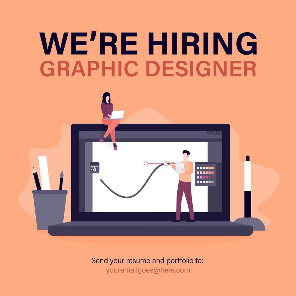 Estamos contratando diseñador gráfico. concepto de negocio de contratación y contratación de personal con personas e ilustración de herramientas de dibujo digital vector