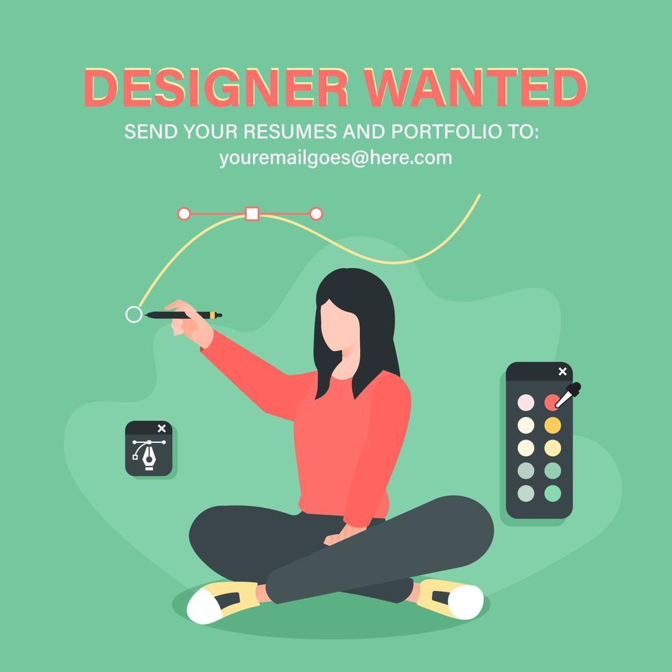 Designer wanted. Illustration of woman designer with digital drawing tools vector