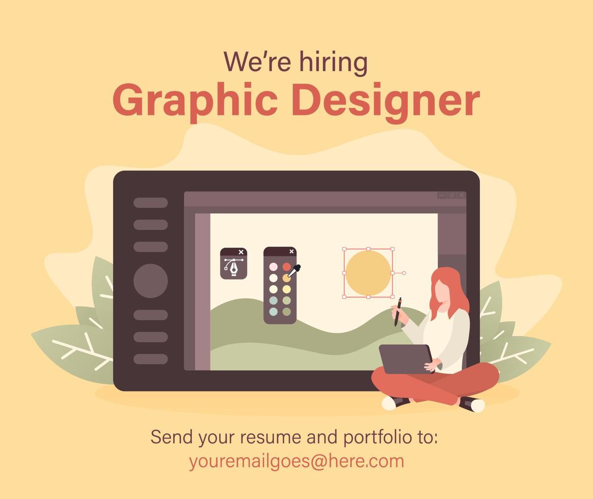 We are hiring graphic designer with woman and drawing tablet illustration vector