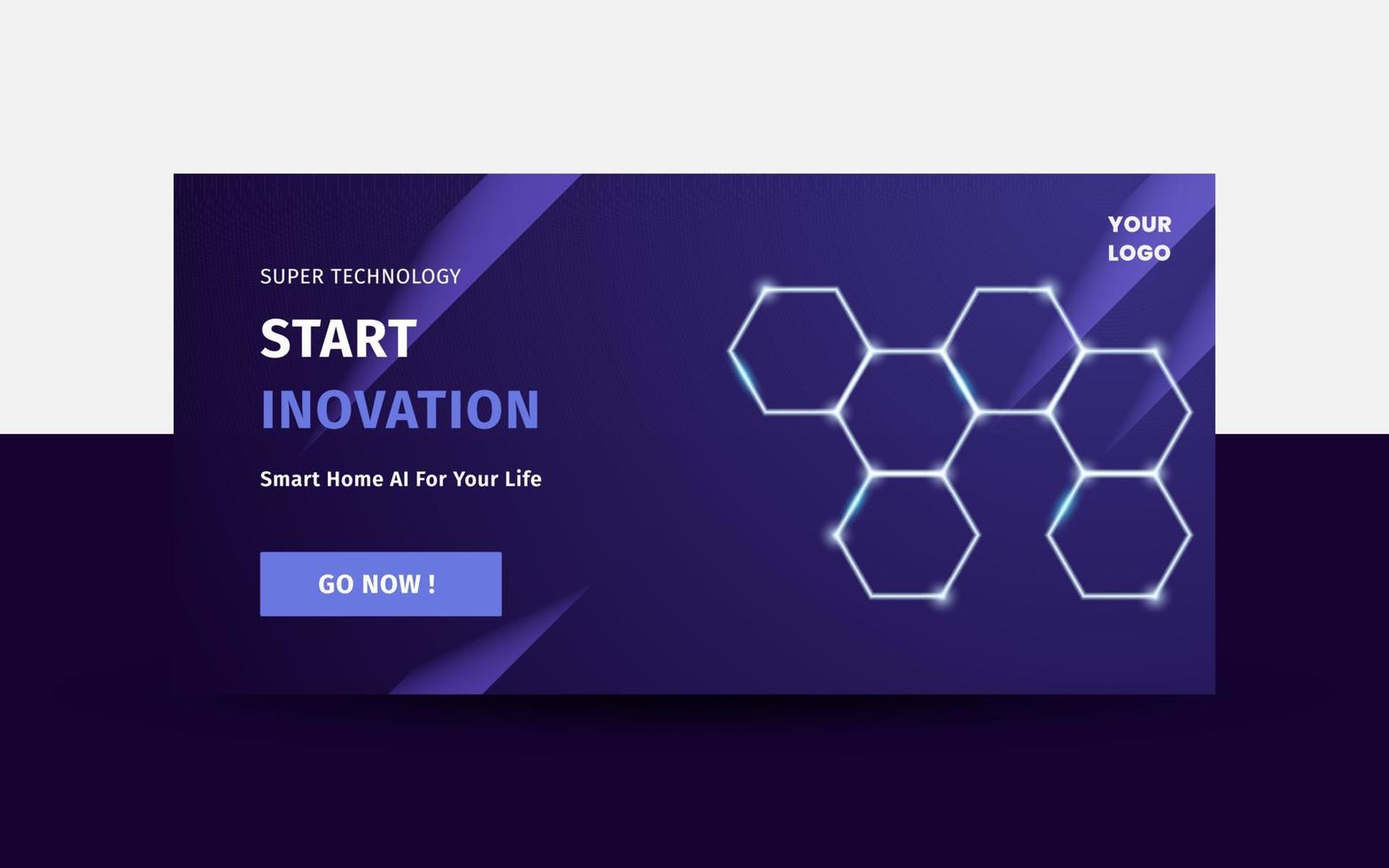 Technology themed dark banner design with gradient background and shiny pentagon ornament. vector