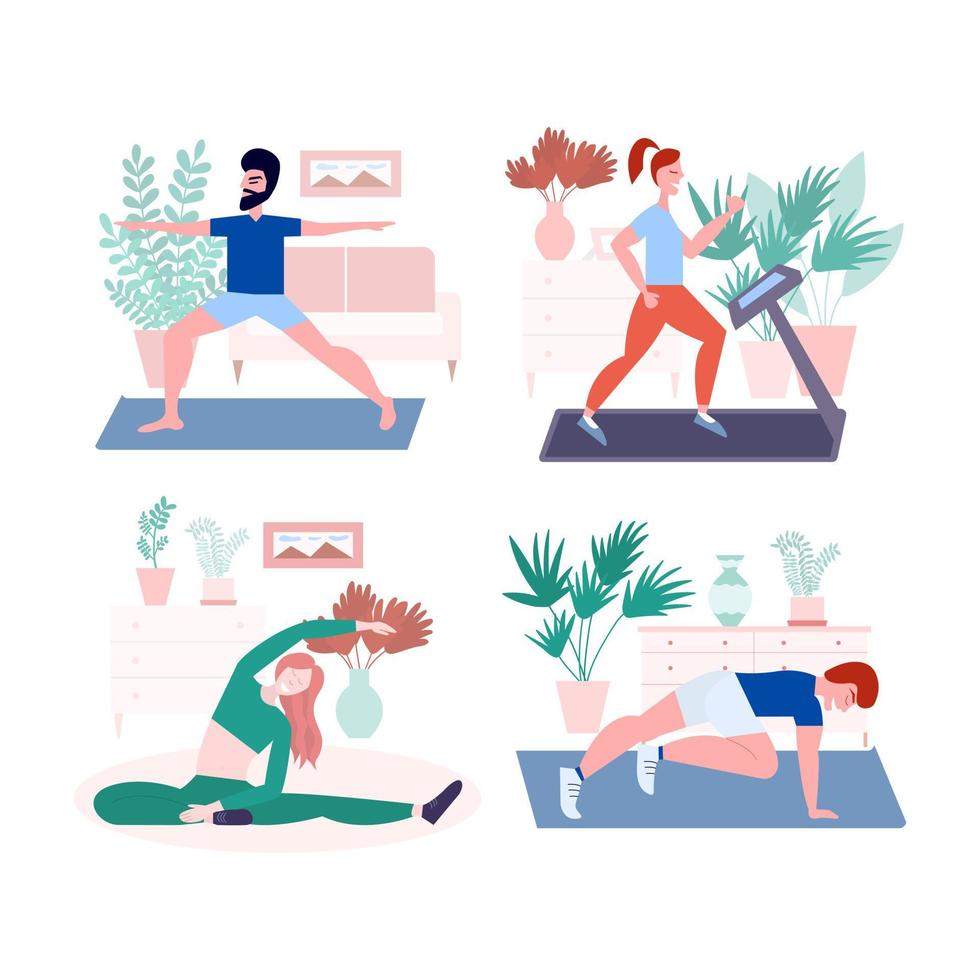 conjunto de entrenamiento deportivo en casa. actividad física de la gente en la habitación, mujer y hombre haciendo ejercicios físicos yoga y gimnasia en casa. ilustración deportiva de estilo plano. vector