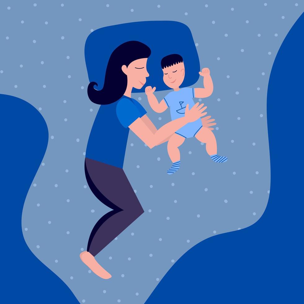 Happy mother sleeping with her child on bed. Mom and baby boy sleeping together. vector