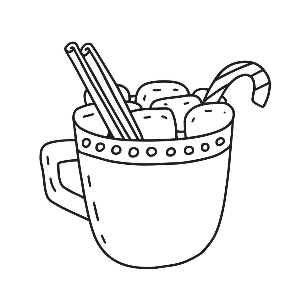 taza de navidad de chocolate caliente con malvaviscos y bastón de caramelo doodle ilustración. postre navideño vectorial vector