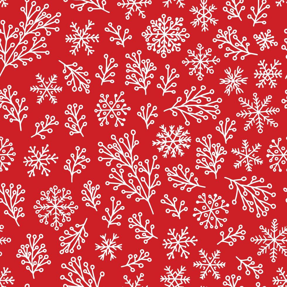 Hand drawn mistletoe and snowflakes vector seamless pattern. Doodle winter herb isolated on red background
