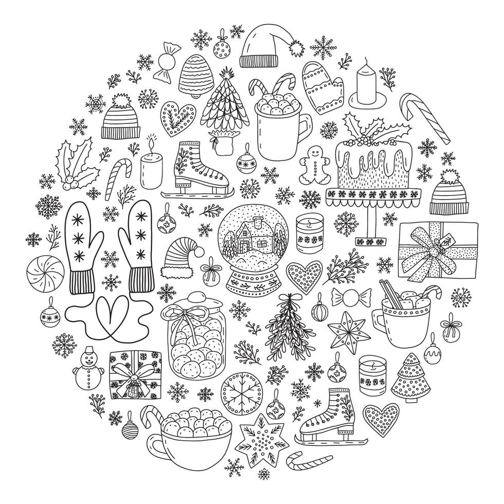Doodle Christmas objects in circle set. Hand drawn vector Christmas elements set. Snowflakes, wreath, winter herbs, ginger cookies and gift box.