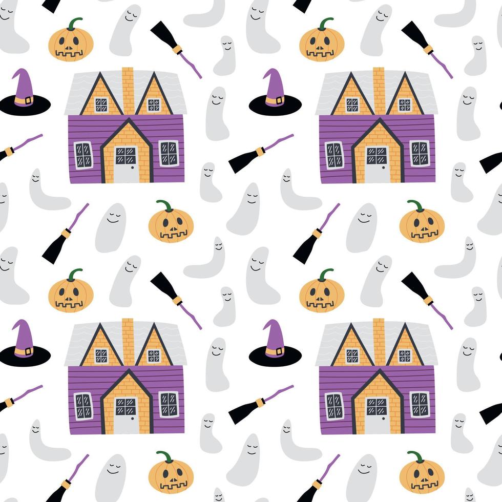 Vector Halloween seamless pattern. Cute cottage and pumpkins in cartoon style isolated on white backrground