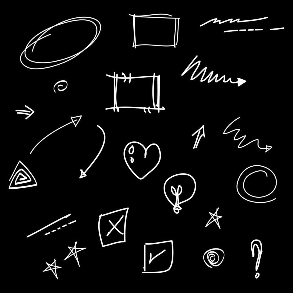 Doodle set emphasis for concept design isolated on black background. Infographic elements. Brush stroke, curly swishes, swoops, swirl, arrow. vector illustration.