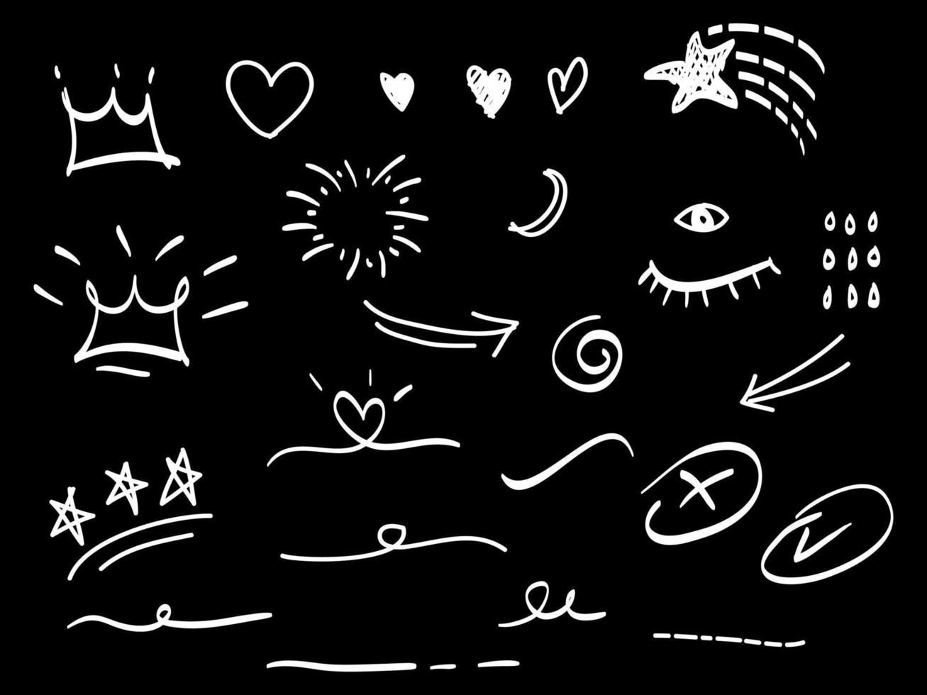 Doodle set emphasis for concept design isolated on black background. Infographic elements. Brush stroke, curly swishes, swoops, swirl, arrow. vector illustration.