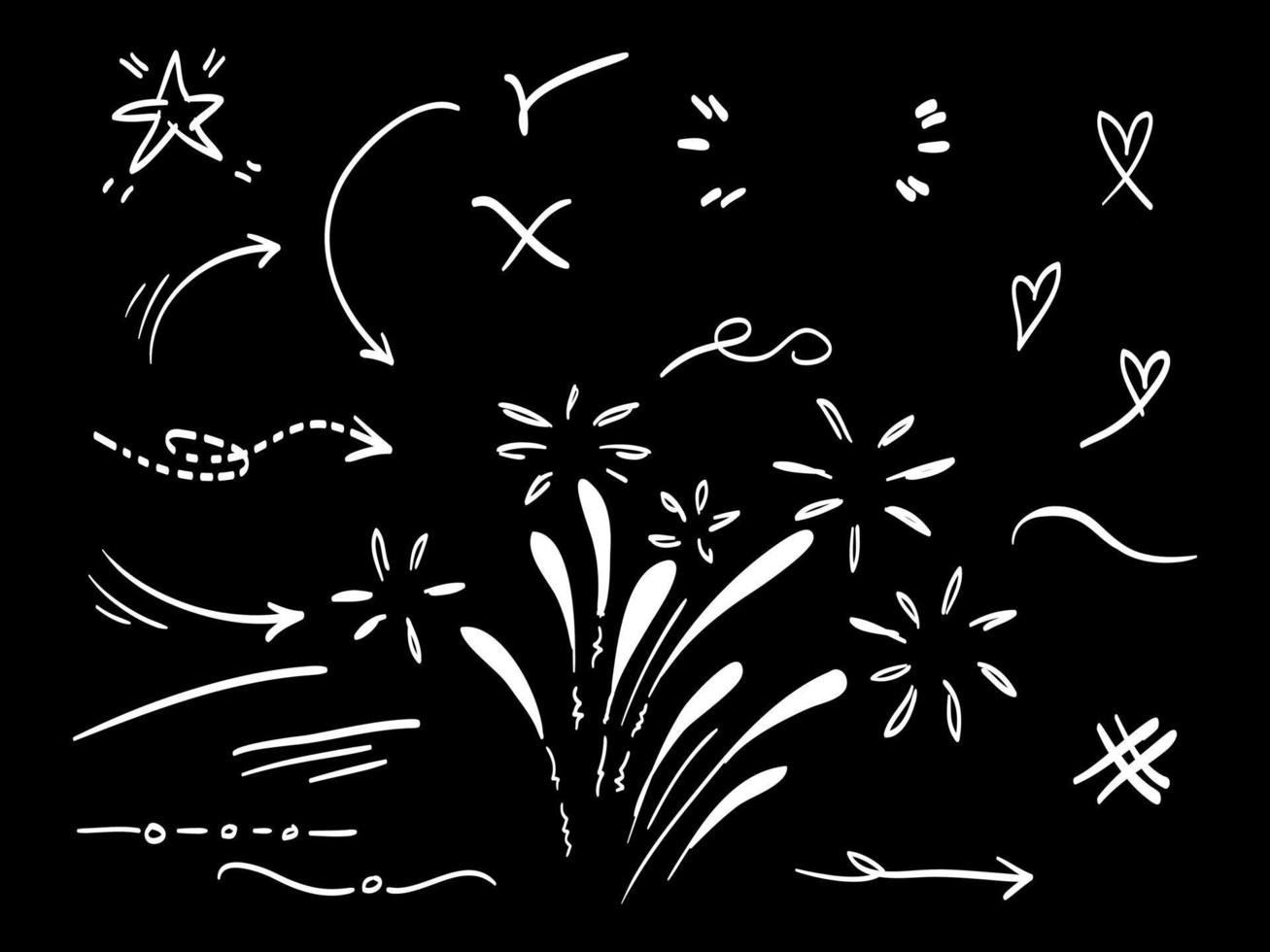 Doodle set emphasis for concept design isolated on black background. Infographic elements. Brush stroke, curly swishes, swoops, swirl, arrow. vector illustration.