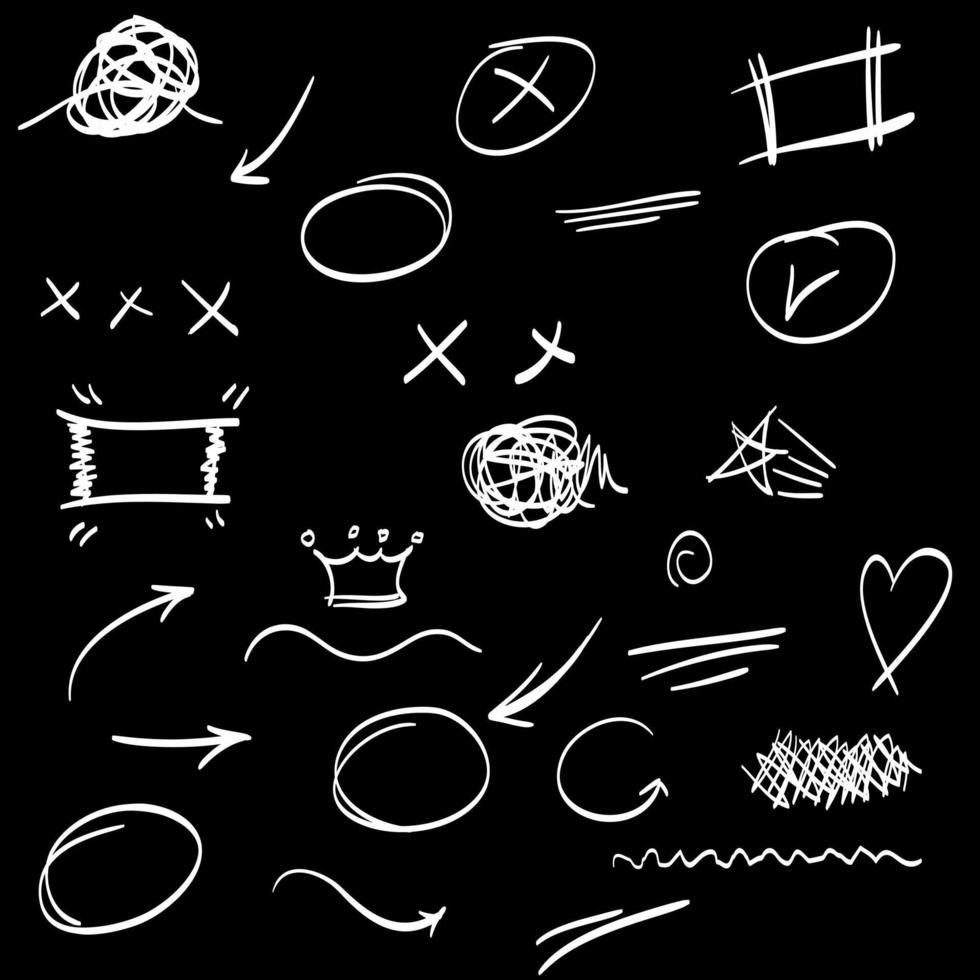 hand drawn set of abstract doodle elements. use for concept design. isolated on black background. vector illustration