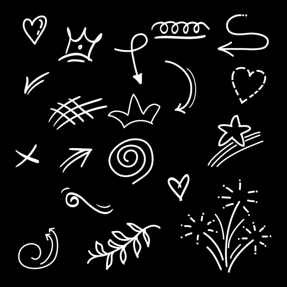 hand drawn set of abstract doodle elements. use for concept design. isolated on black background. vector illustration