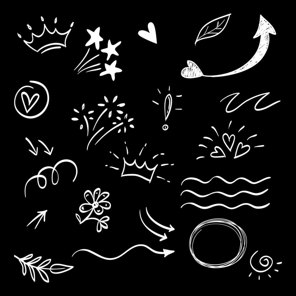 hand drawn set of abstract doodle elements. use for concept design. isolated on black background. vector illustration